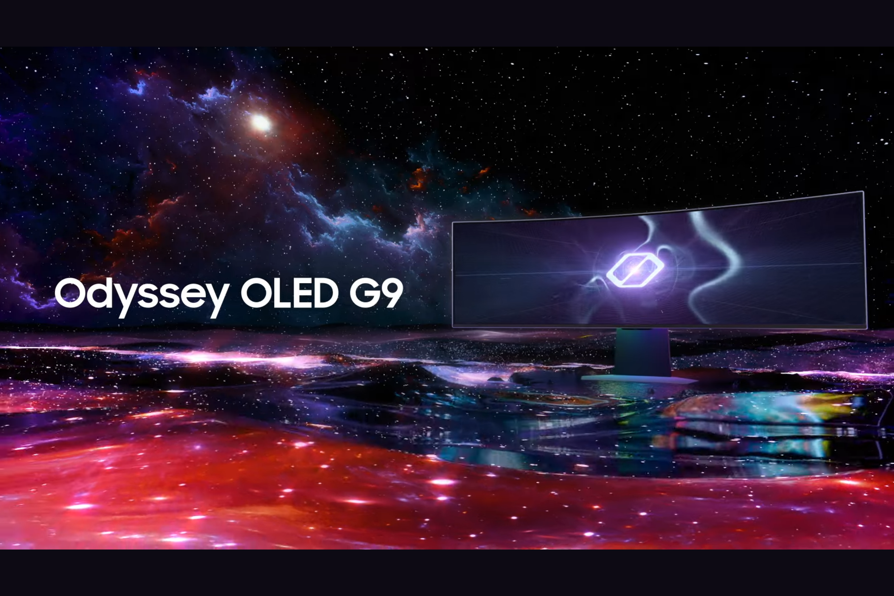 Samsung Odyssey OLED G9 screen on a space background 
