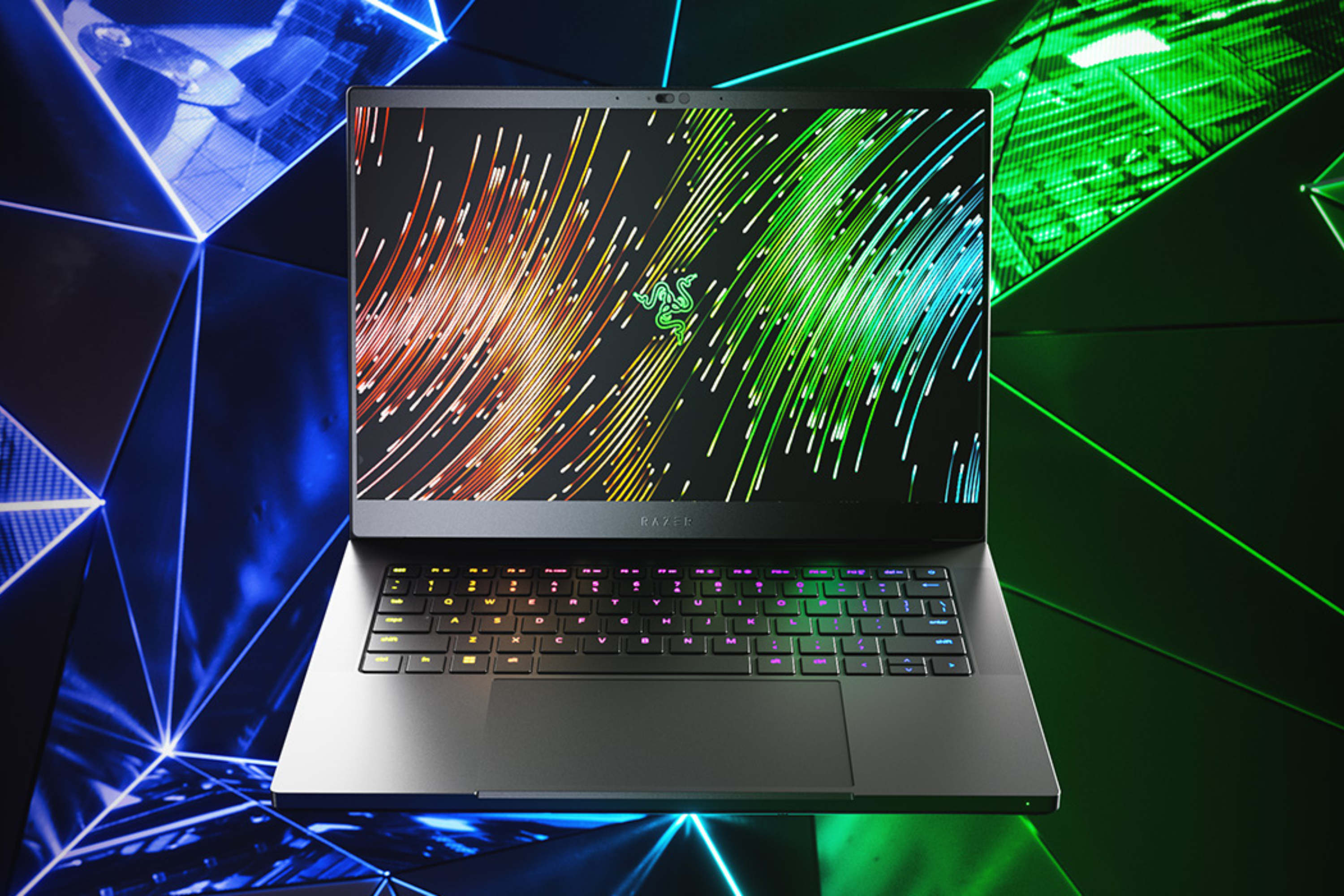 Razer Blade 14 on blue and green fragmented background