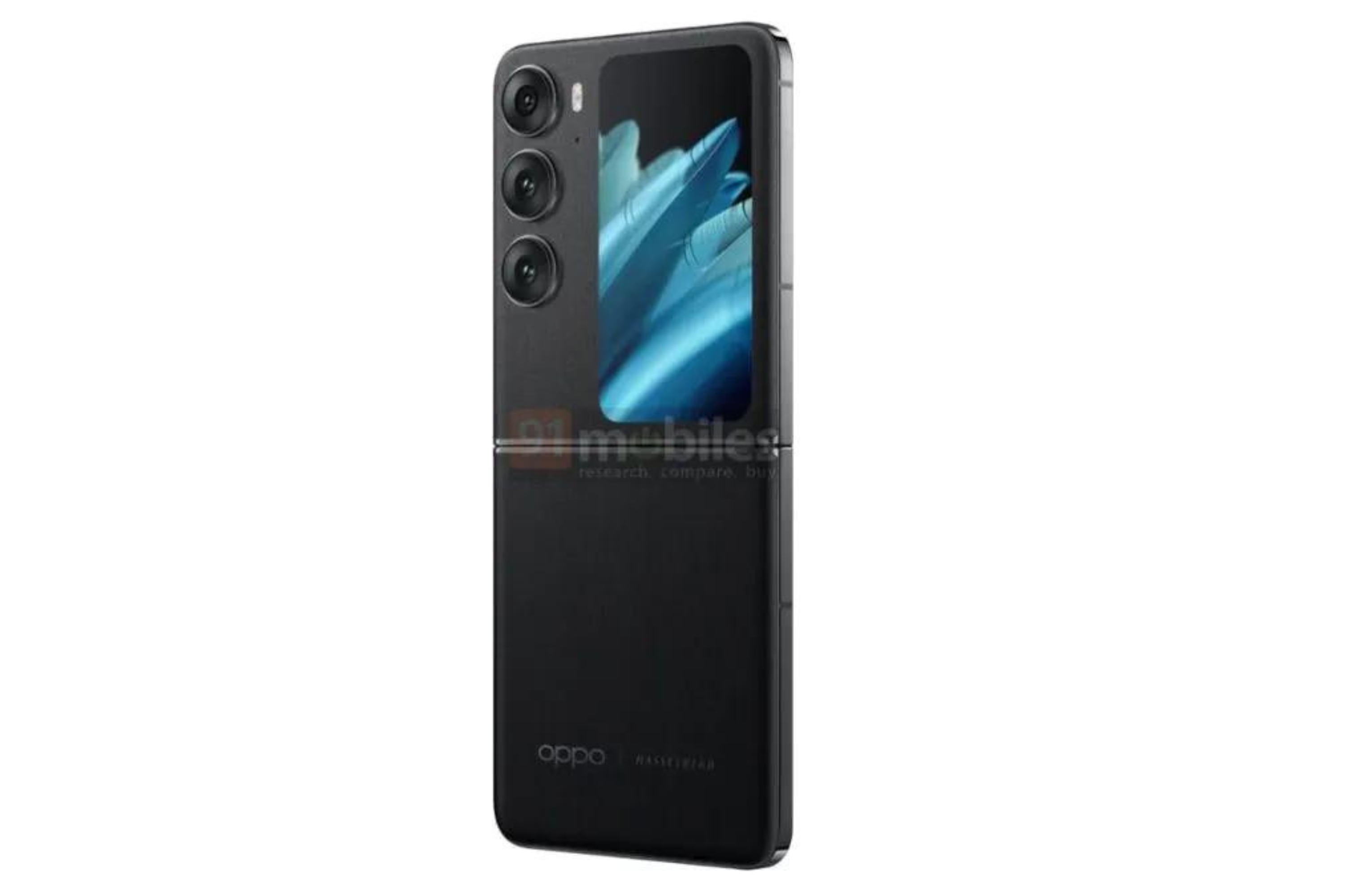 Oppo Find N3 Flip in black showing new three camera setup 