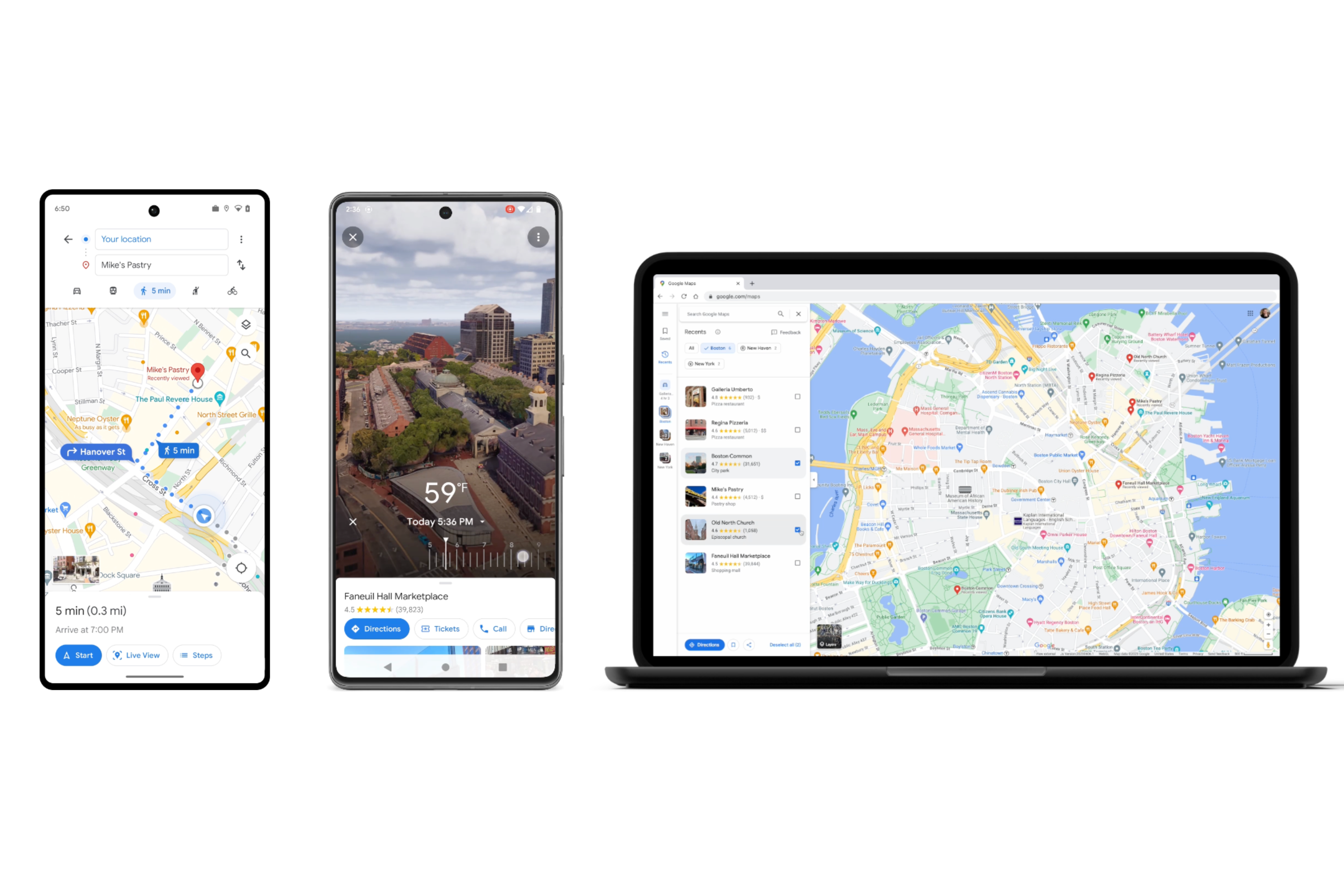 Google Maps Immersive View on one phone, glace directions on another, and Recents update on laptop