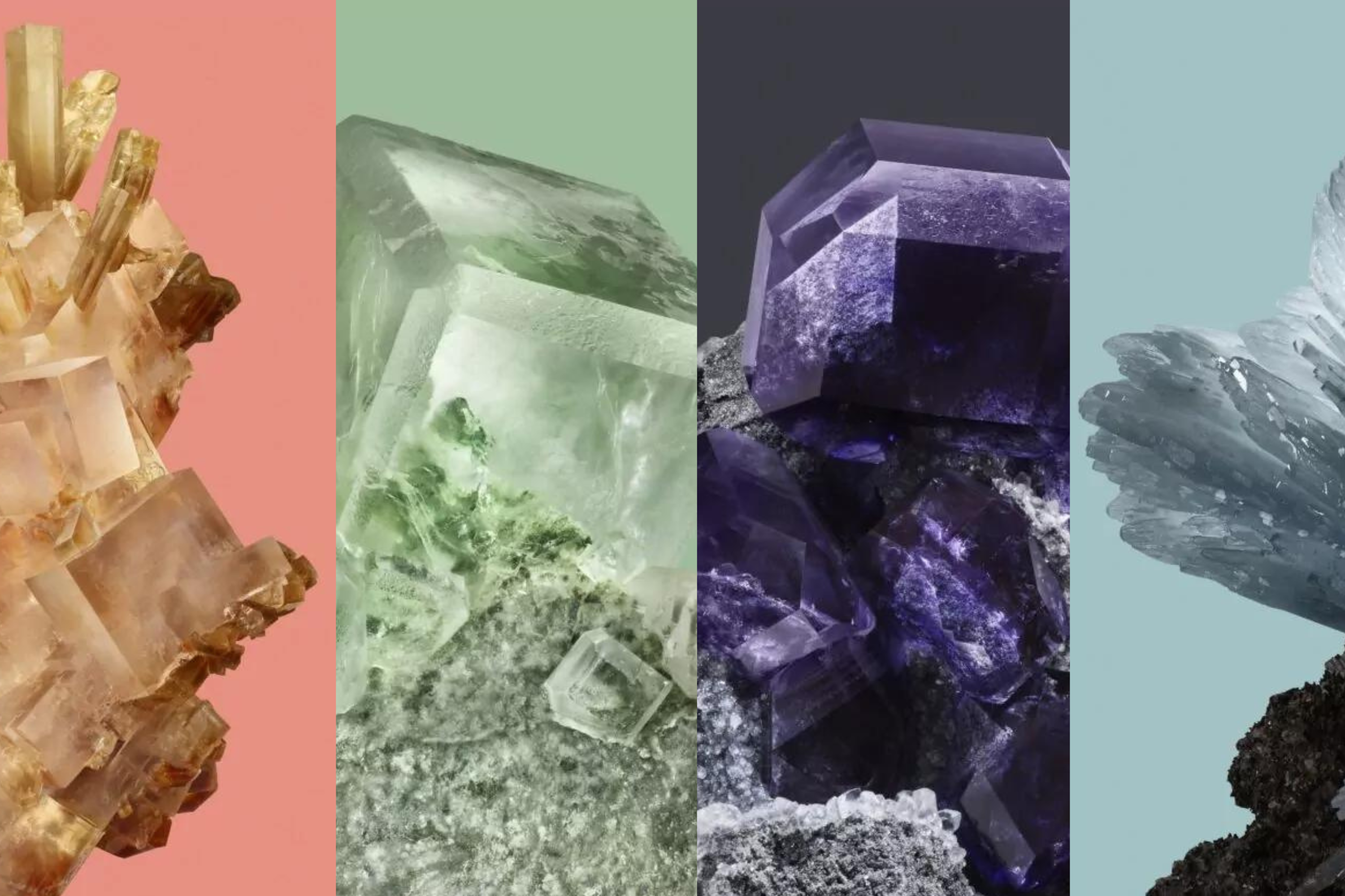 Fondos de pantalla de la serie Google Pixel 8 con temática Minerales. Cuatro minerales diferentes mostrados con distintos colores