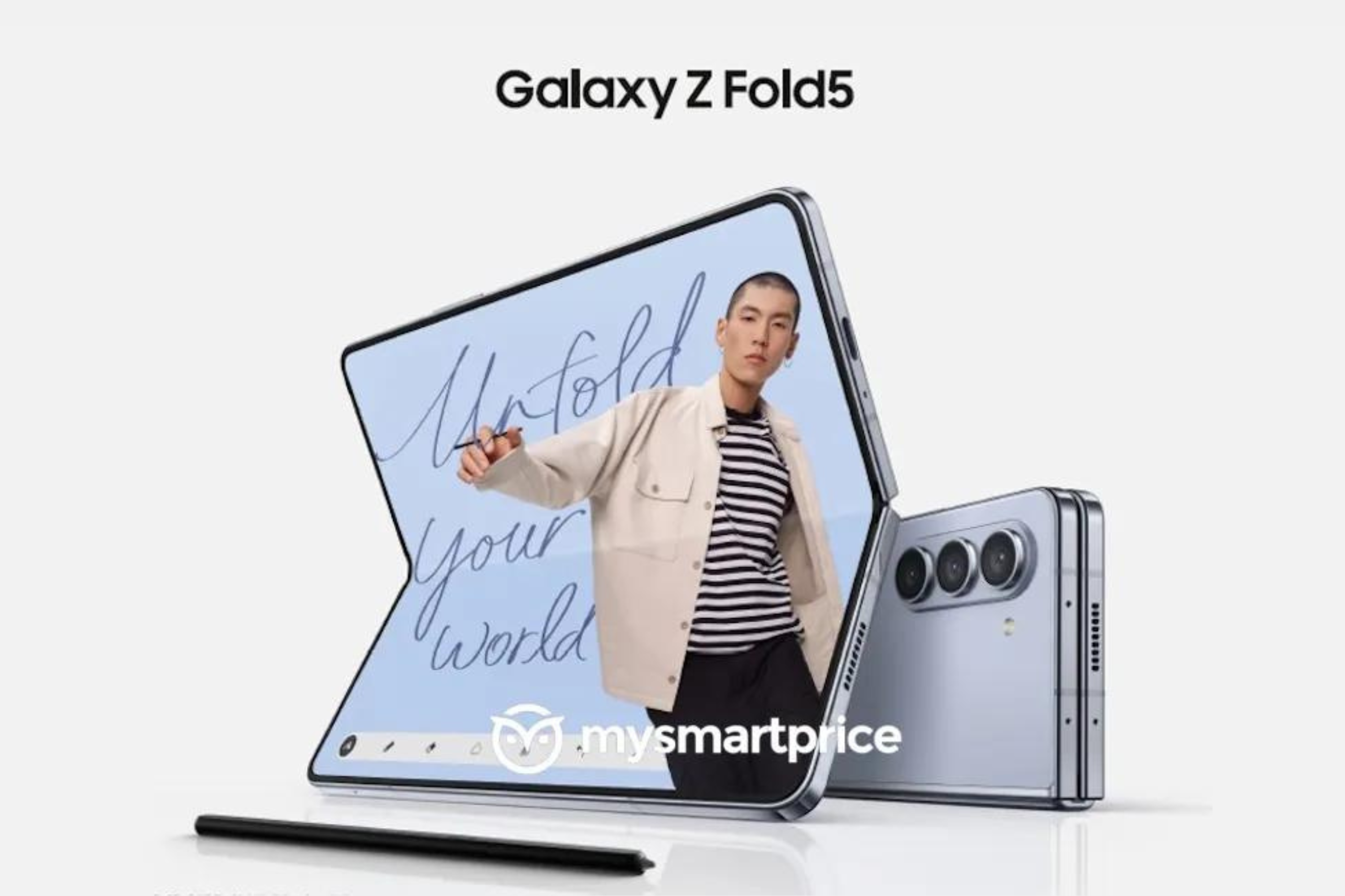 Samsung Galaxy Z Fold 5 leaked press render showing off inside and outside with S Pen in light blue color 