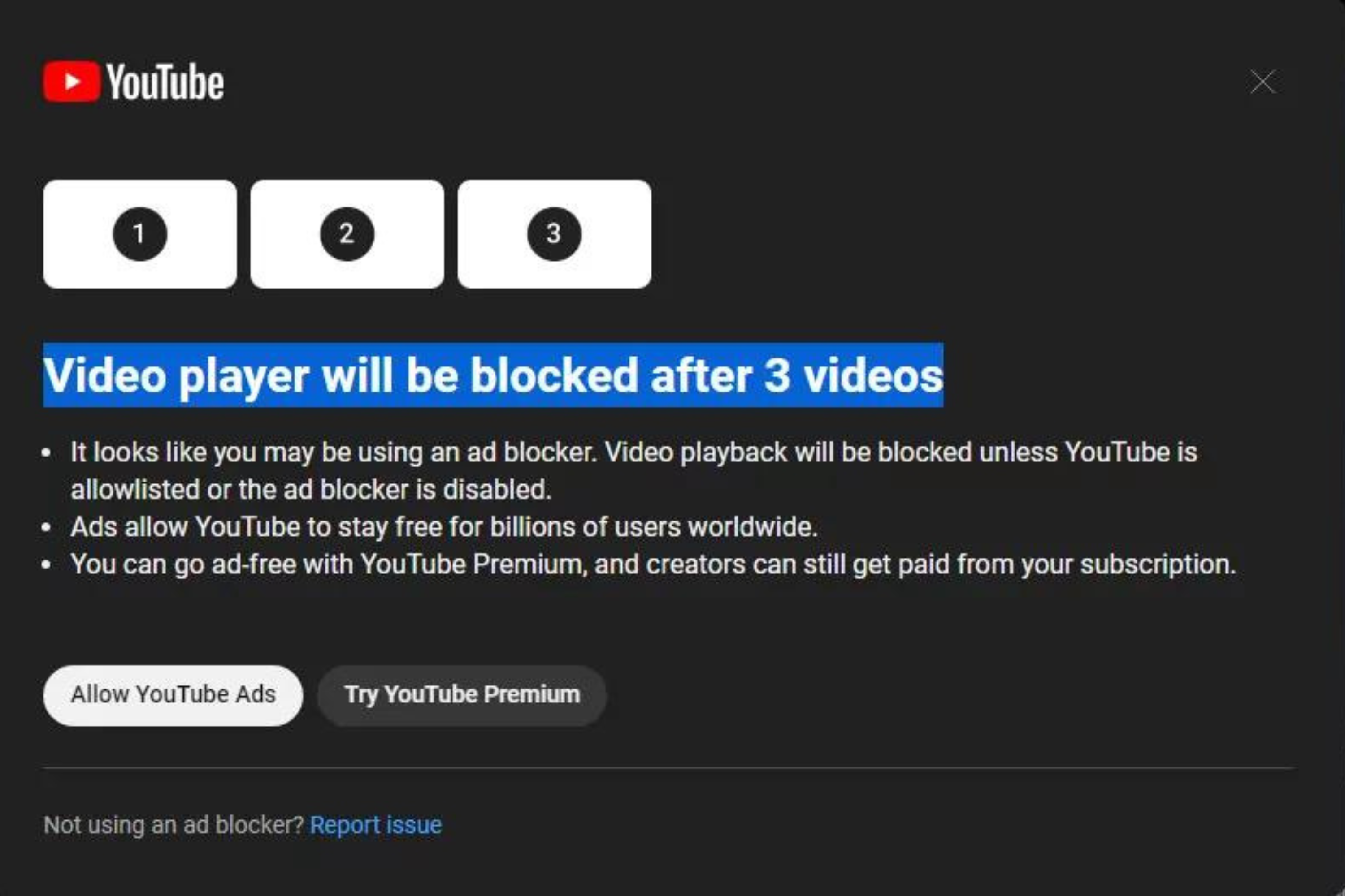 YouTube adblocker warning message