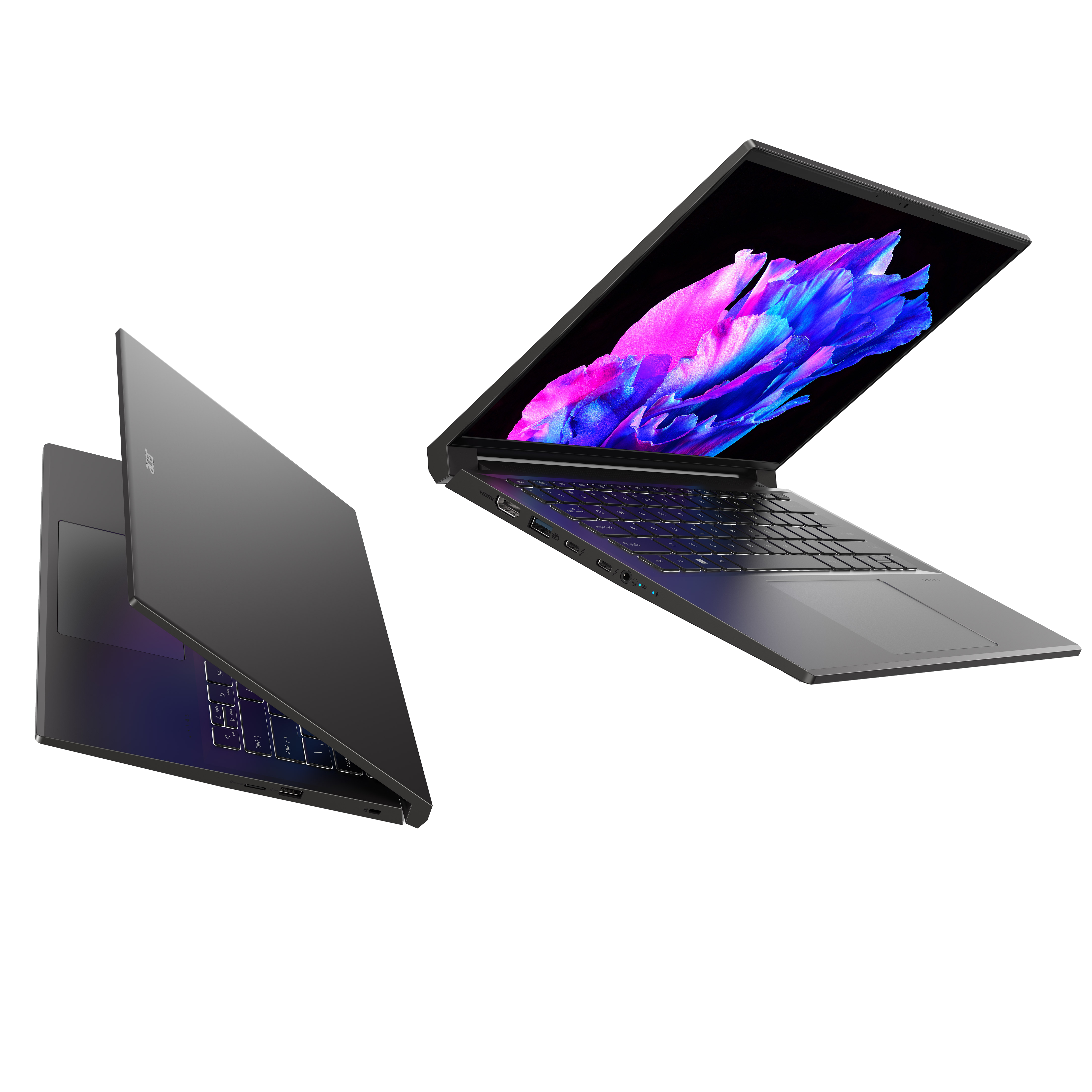 TWo Acer Swift X 14 laptops, one with the lid open at roughly 30 degrees and seen from the right, and the other with the lid open at about 70 degrees and seen at an angle from the left