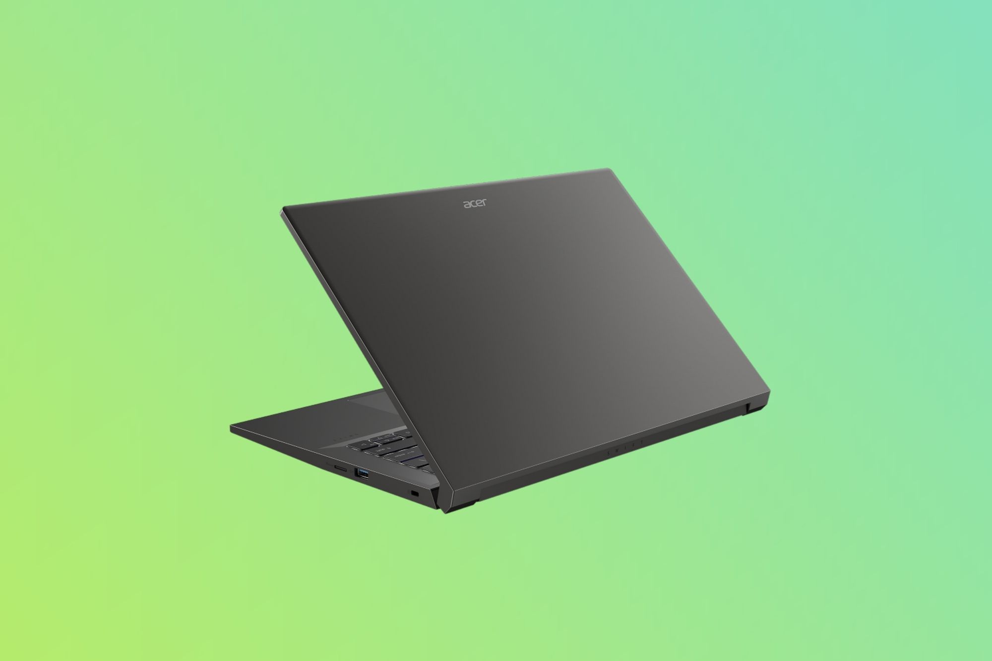 Rear angled view of the Acer Swift X 14 facing left over a green gradient background