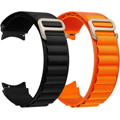 A render showing the BlackPro Alpine Loop band for the Galaxy Watch 6 in black and orange colors.
