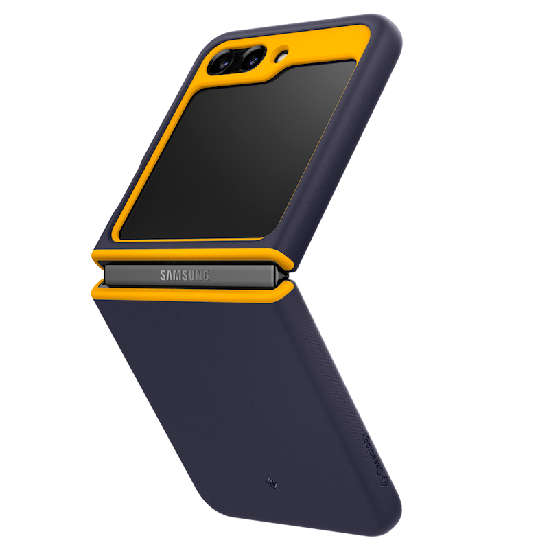 A render showing the Caseology Nano Pop case installed on a Galaxy Z Flip 5.