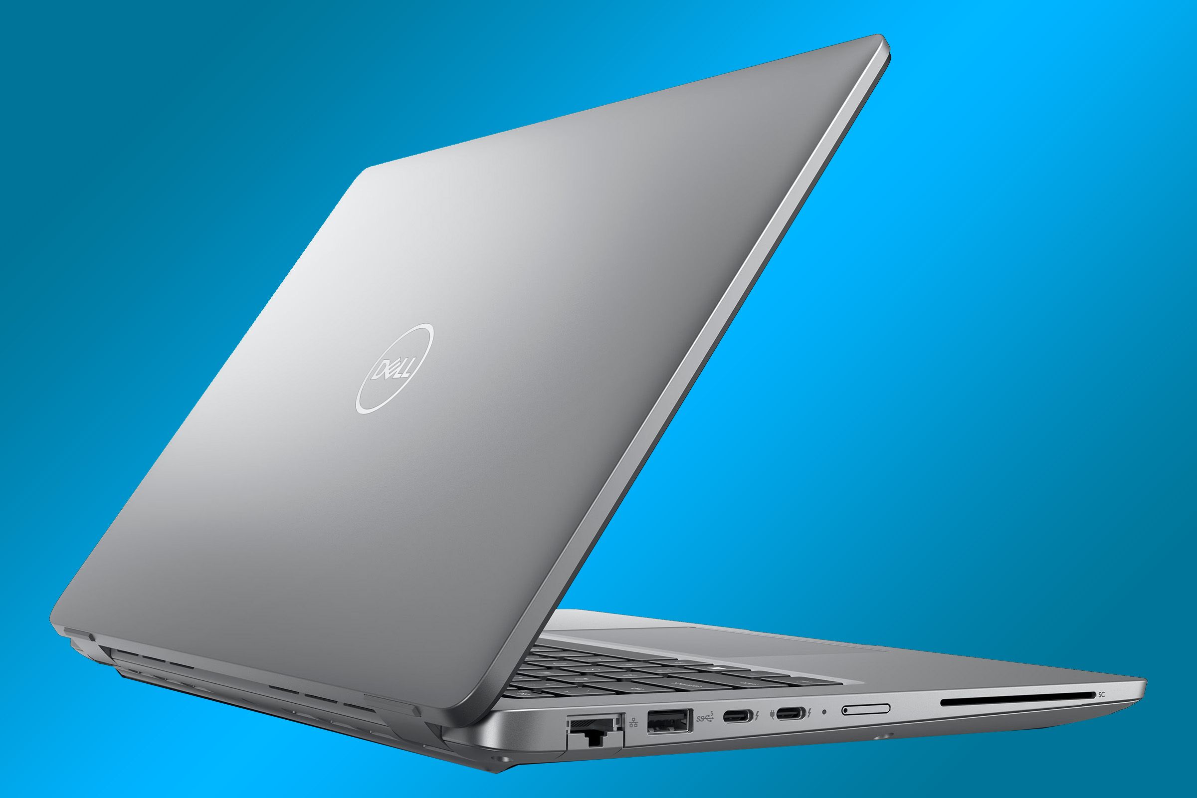 Dell Latitude 5440 rear quarter angle opened on a blue background jpg
