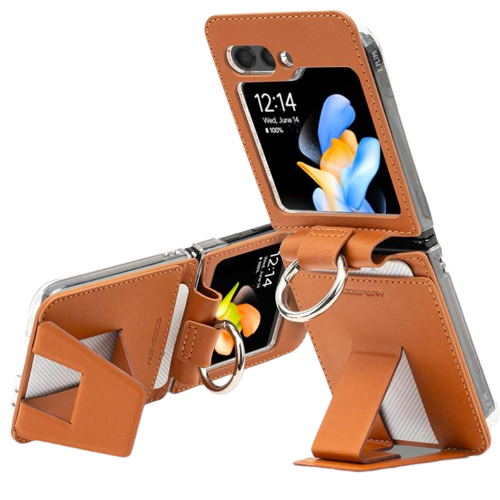 A render showing the GOOSPERY EZ Mount wallet in tan finish installed on a Galaxy Z Flip 5.