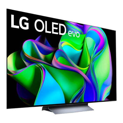 A render of the LG C3 OLED TV displaying the branding and an abstract wallpaper.