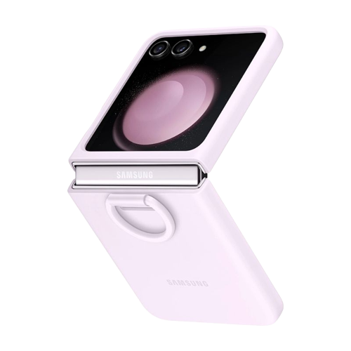 A render of Samsung's silicone case with ring in Lavender color installed on a Galaxy Z Flip 5.