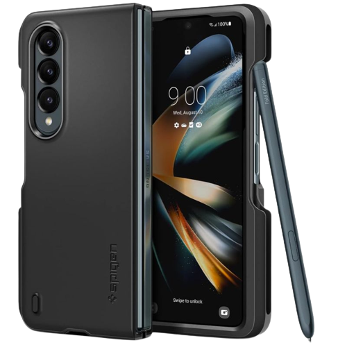 A render showing the Spigen Thin Fit P installed on a Galaxy Z Fold 4 with an S Pen next to it.