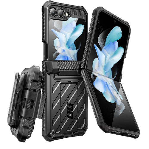 A render showing the Supcase Unicorn Beetle Pro case installed on a Galaxy Z Flip 5.