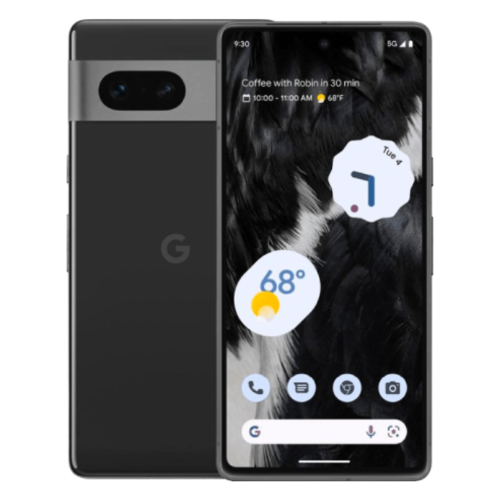 Google Pixel 7 in black showing front and back with transparent background