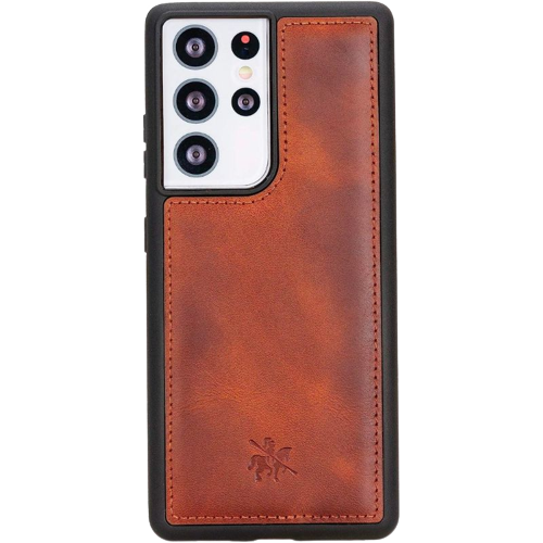 A render showing the Venito Lucca leather case installed on a Samsung Galaxy S21 Ultra.