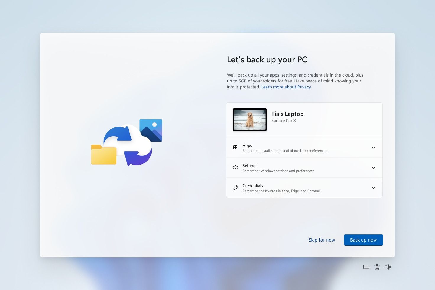 Screenshot of Windows 11 second-chance out-of-box-experience prompting the user to back up their PC