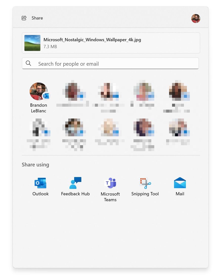 Screenshot of the redesigned Windows 11 share sheet