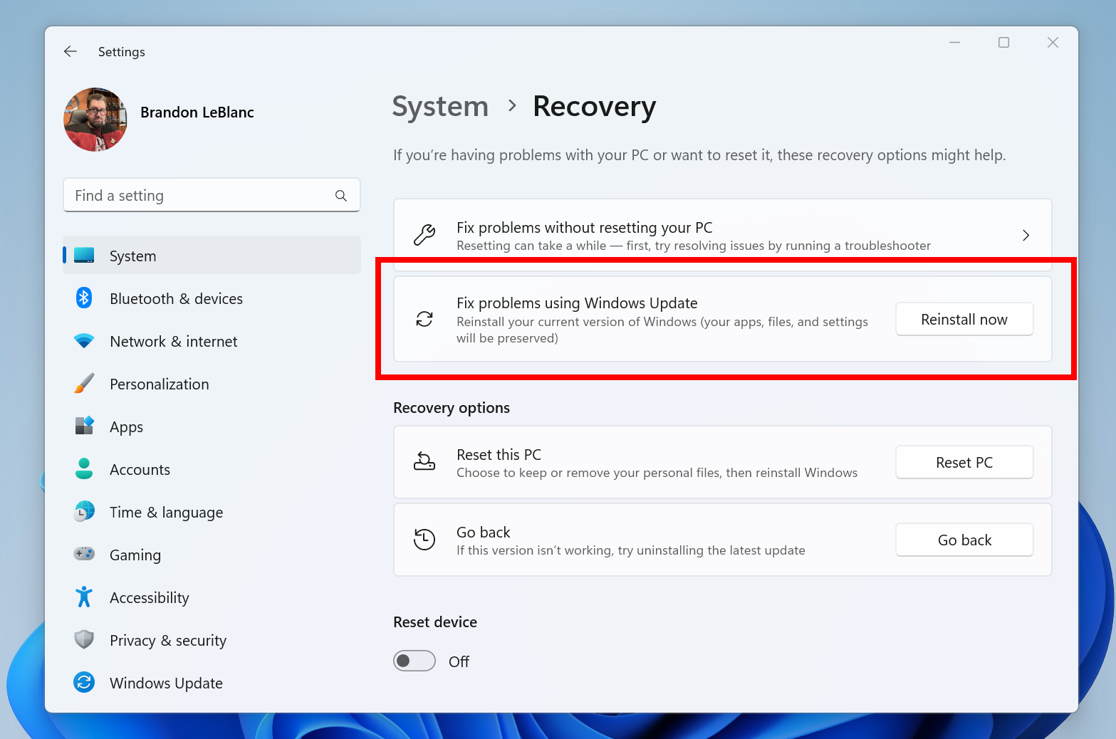 Screenshot of Windows 11 Settings app showing the option to fix problems using Windows Update