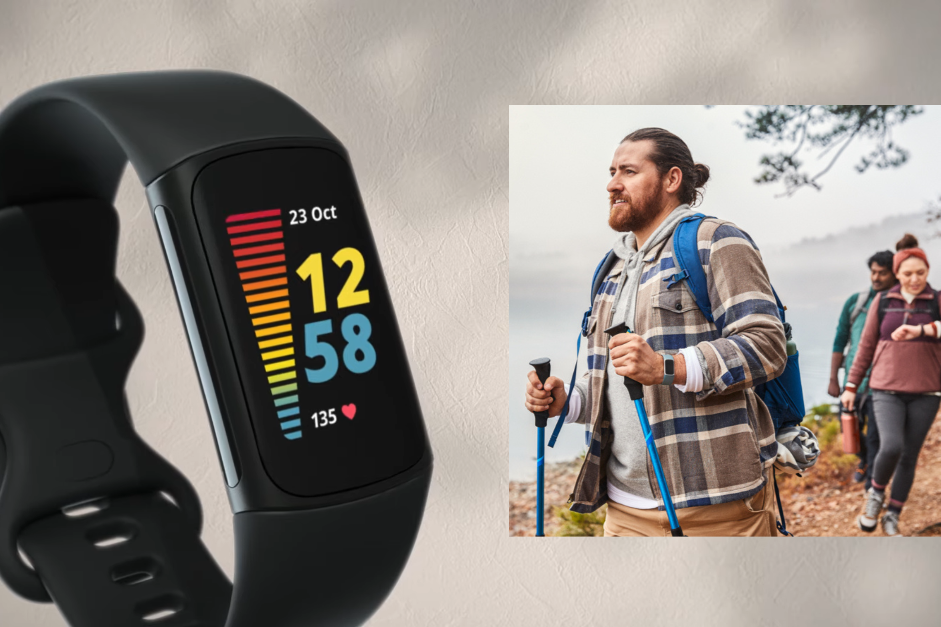 Fitbit Charge 5 on the wrist of a hiker 