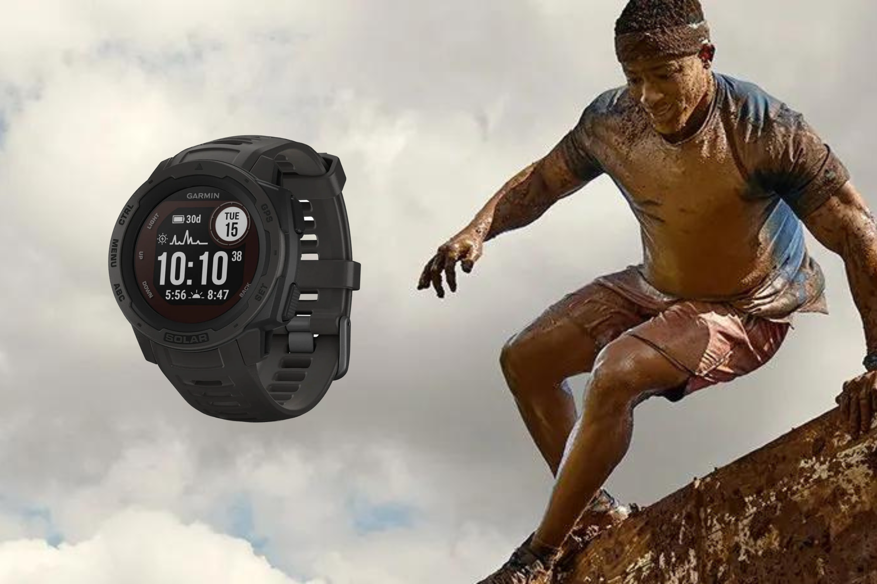 Garmin Instinct on the wrist of a person running in the mud 