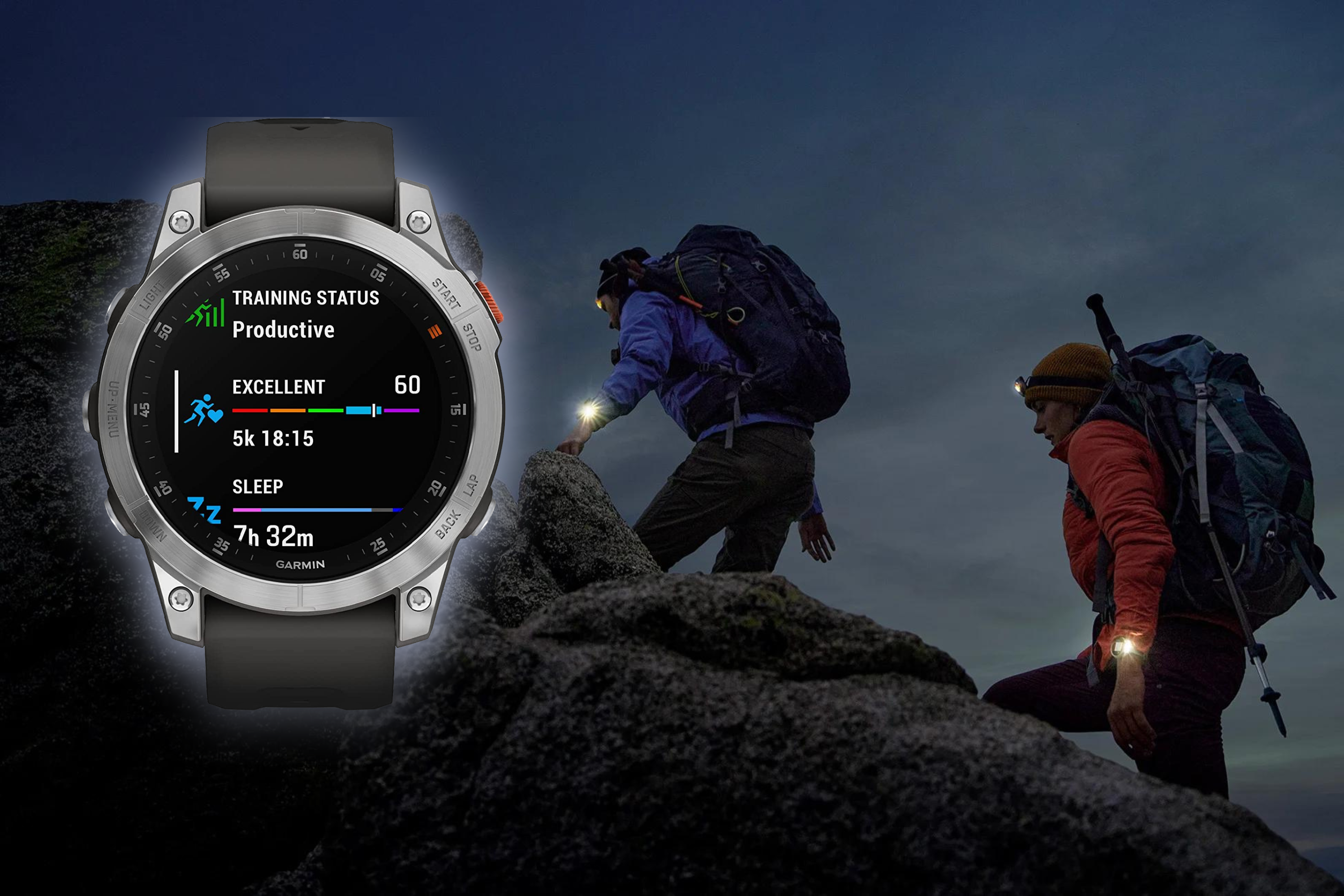 Garmin epix Gen 2 in frame with two climbers in the background 