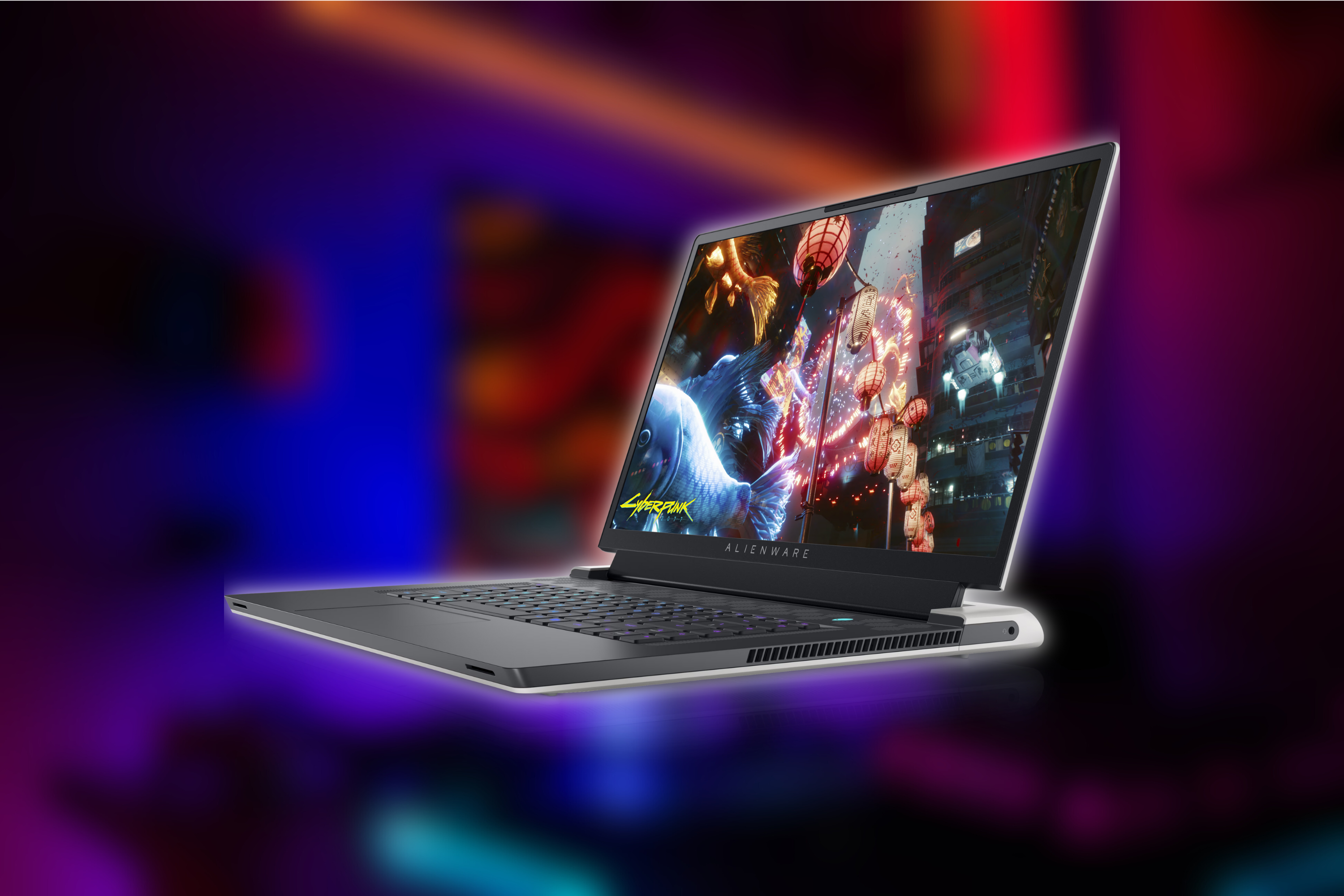 Alienware x17 R2 Gaming Laptop on blurred background that looks like a gaming room