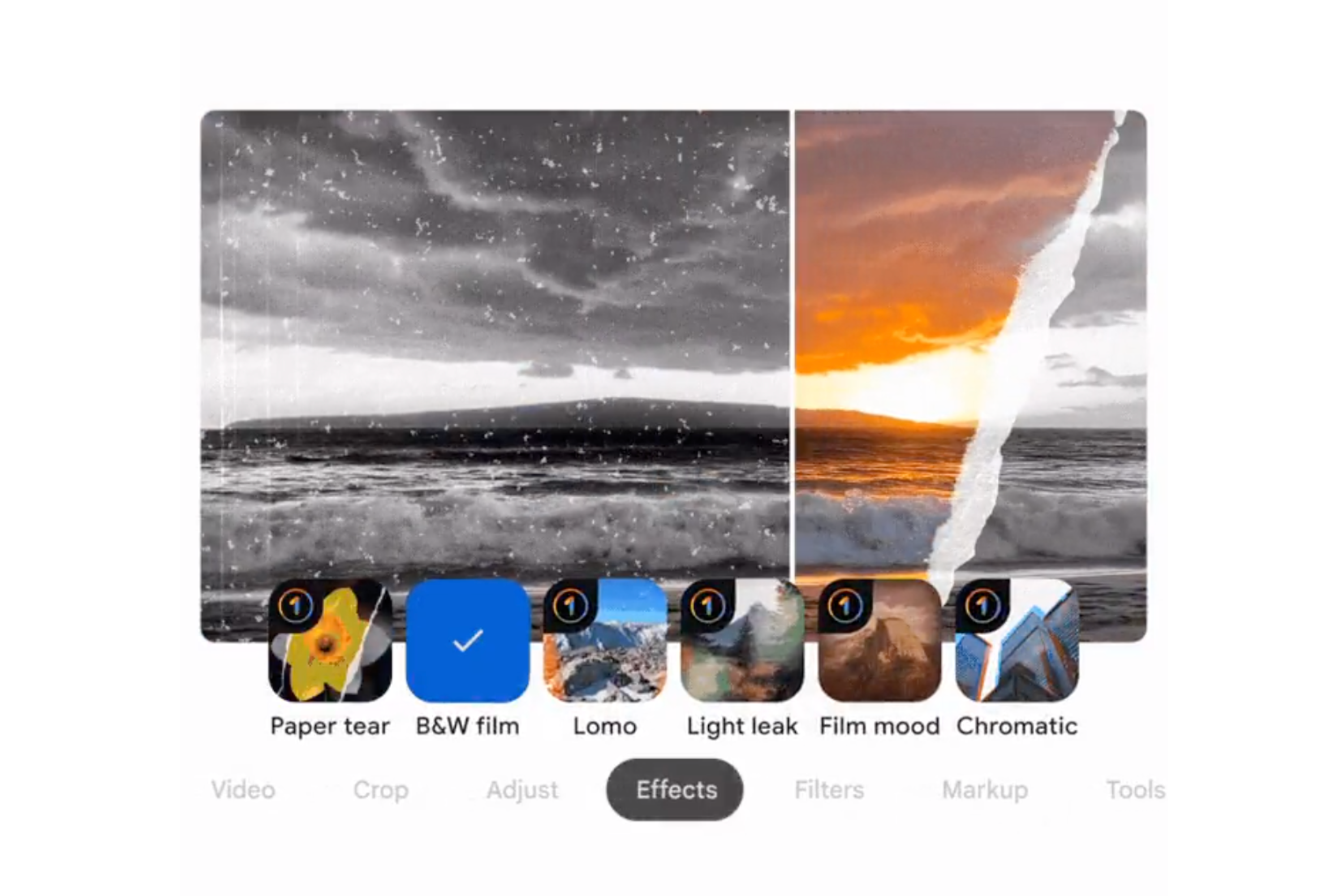 Google Photos menu showing different video effects like paper tear, BW film, light leak and more