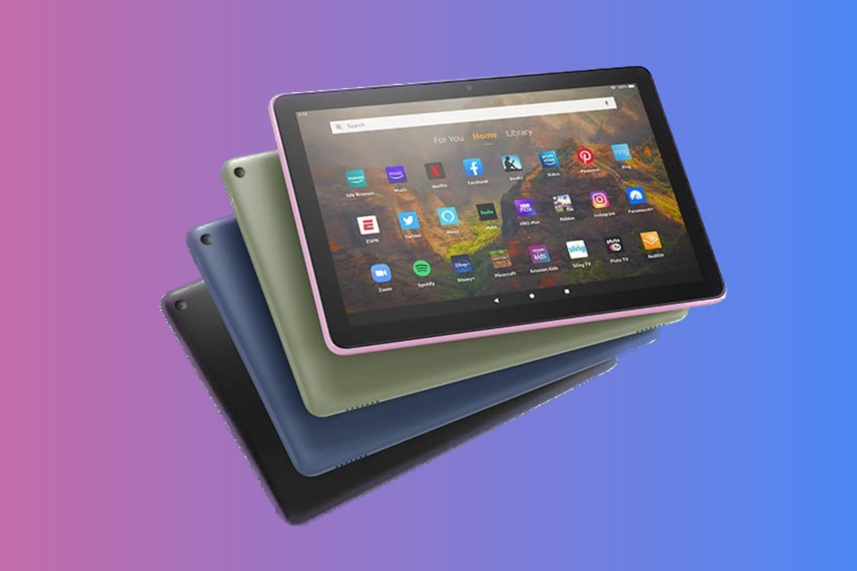 Amazon Fire HD 10 floating in the air against a gradient backdrop in three different colors