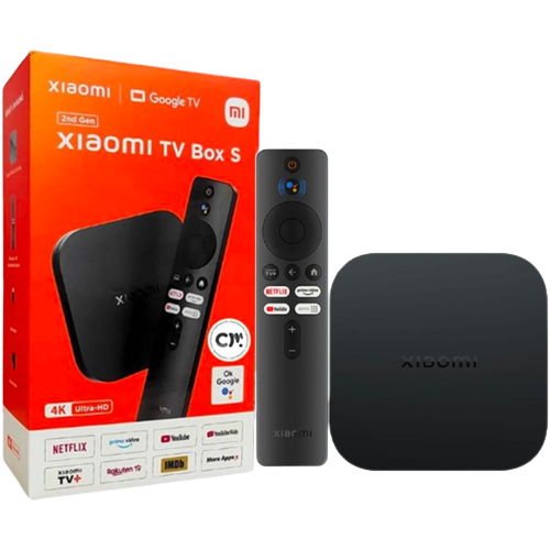 A render showing the Xiaomi TV Box S (2nd gen) device next to its retail box.