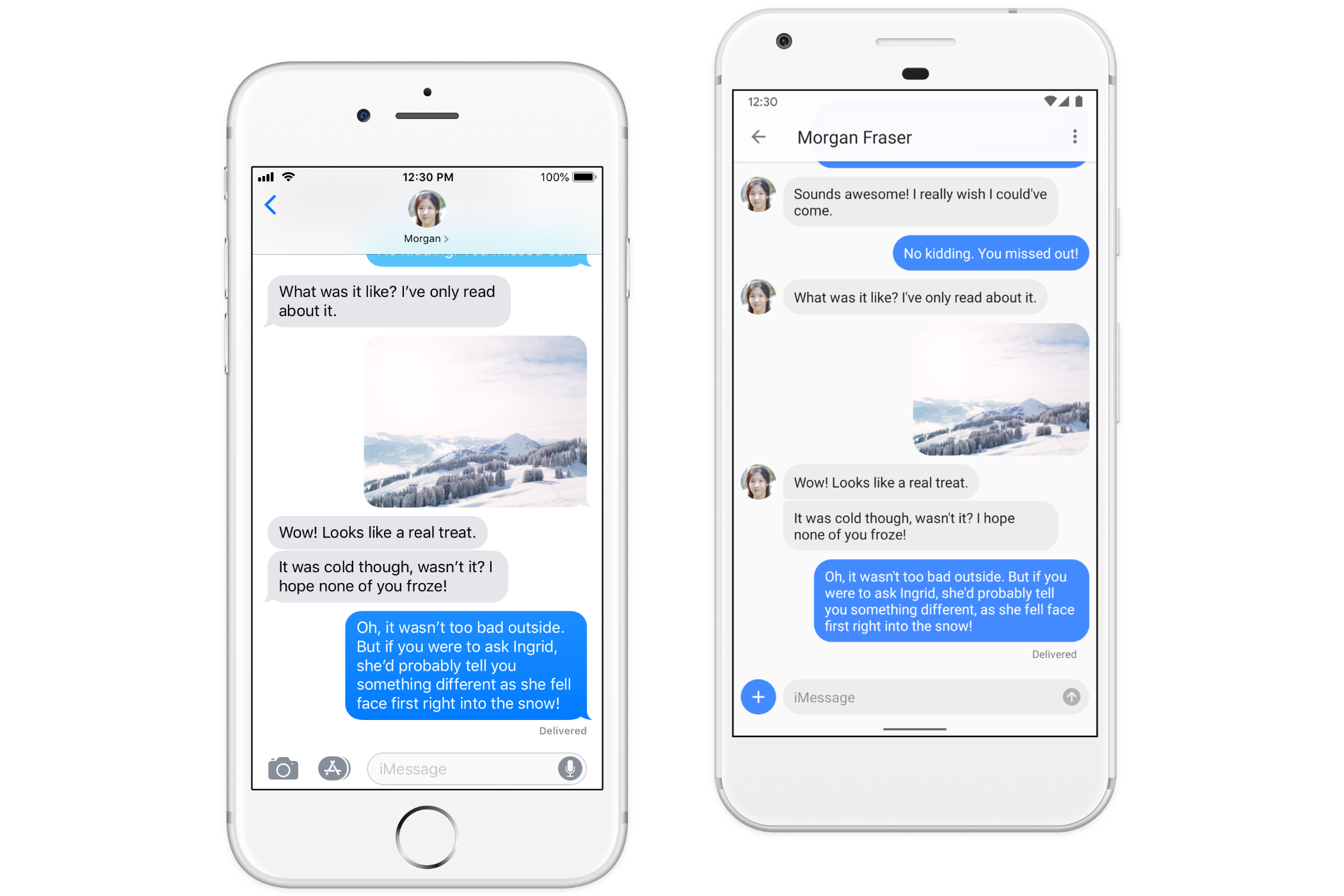 La misma conversación de iMessage en un teléfono iPhone y Android.