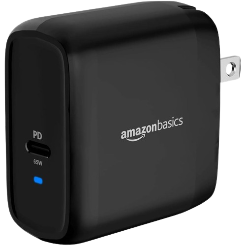 Side view of the Amazon Basics 65W USB-C Wall Charger with the charging led powered on