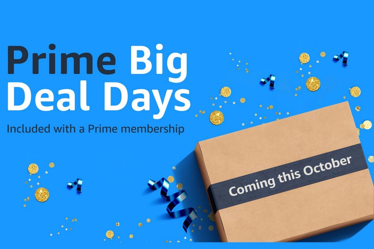 Amazon Prime Big Deal Days banner, with 'Coming this October' written on a brown Amazon delivery box