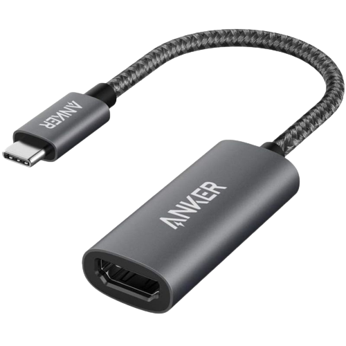 Ein Rendering, das Ankers USB-C-zu-HDMI-Adapter in grauer Farbe mit geflochtenem Kabel zeigt.