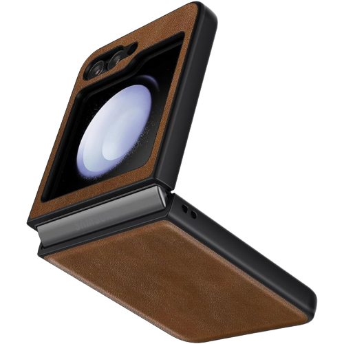A render of the Cresee PU leather case for Galaxy Z Flip 5 in brown color.