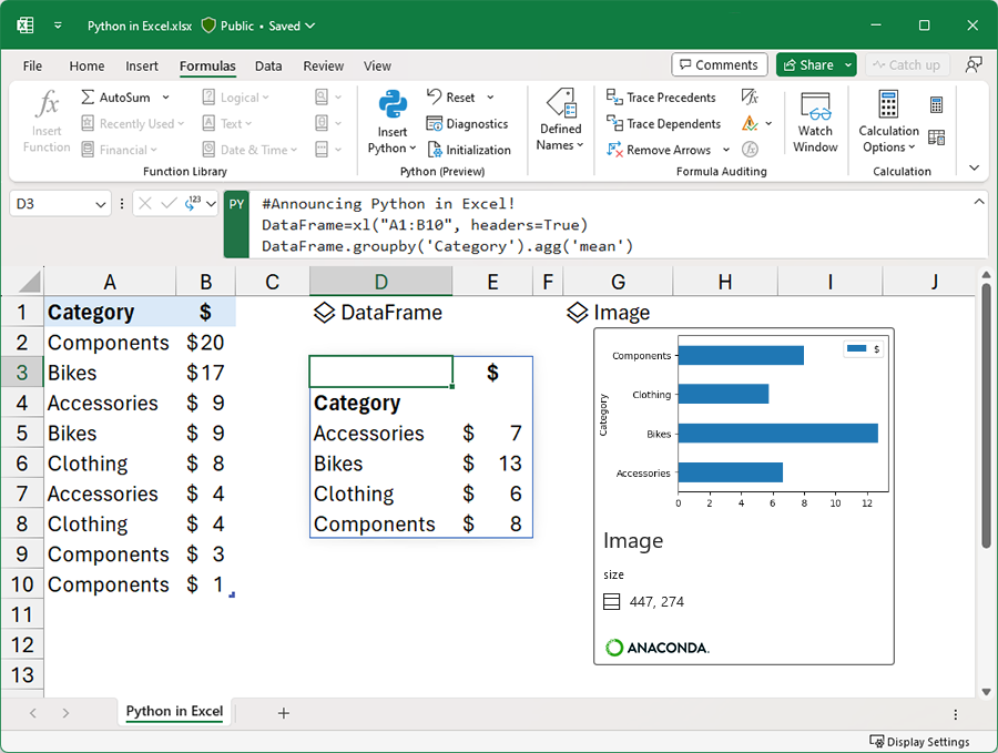 A screenshot demonstrating support for Python in Microsoft Excel