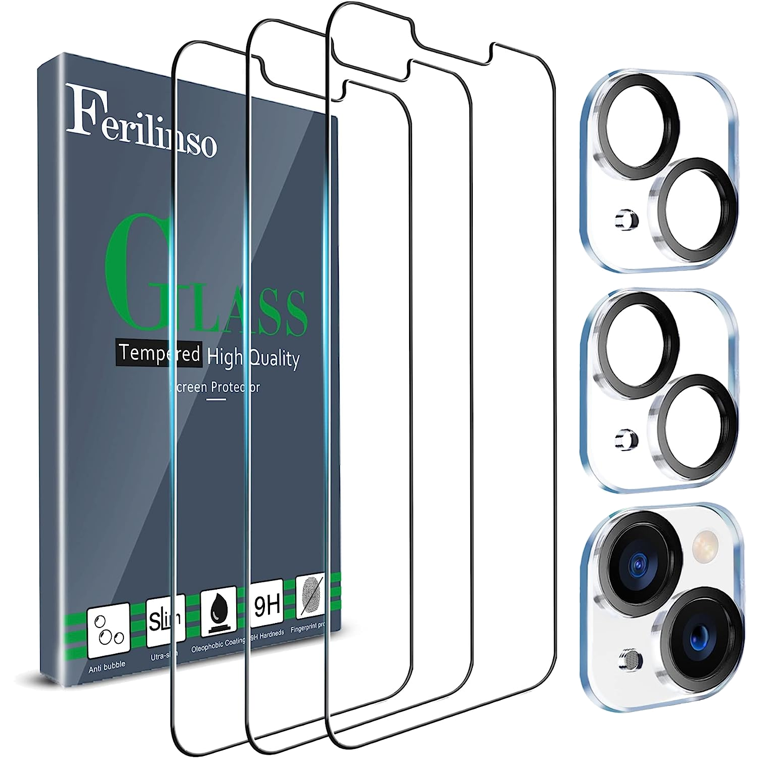 The Ferilinso Screen Protector for iPhone 13 Mini box with three screen protectors lined up next to it and three camera covers stacked vertically next to the screen protectors.