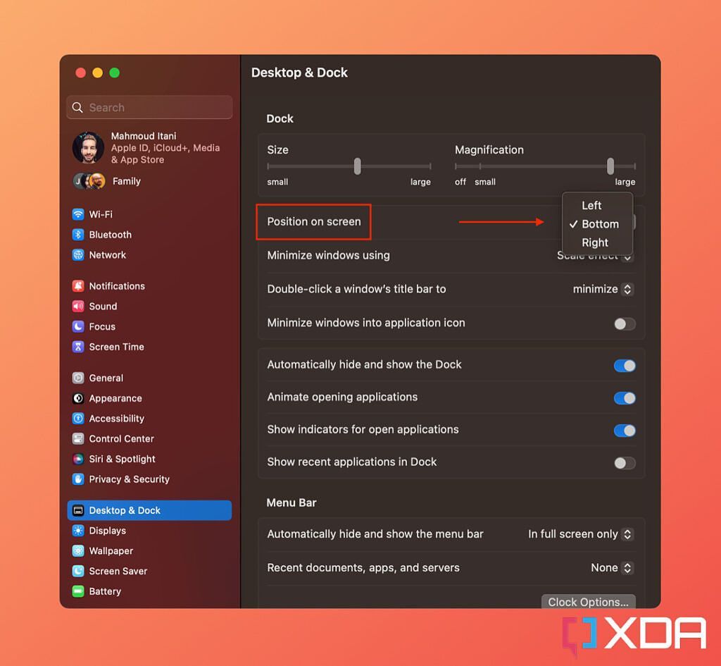 desktop & dock settings on macOS highlighting the dock position options (left, bottom, right)