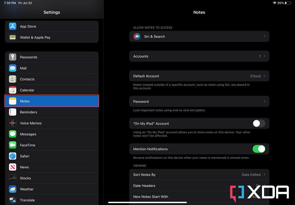 Раздел «Заметки» в настройках iPadOS