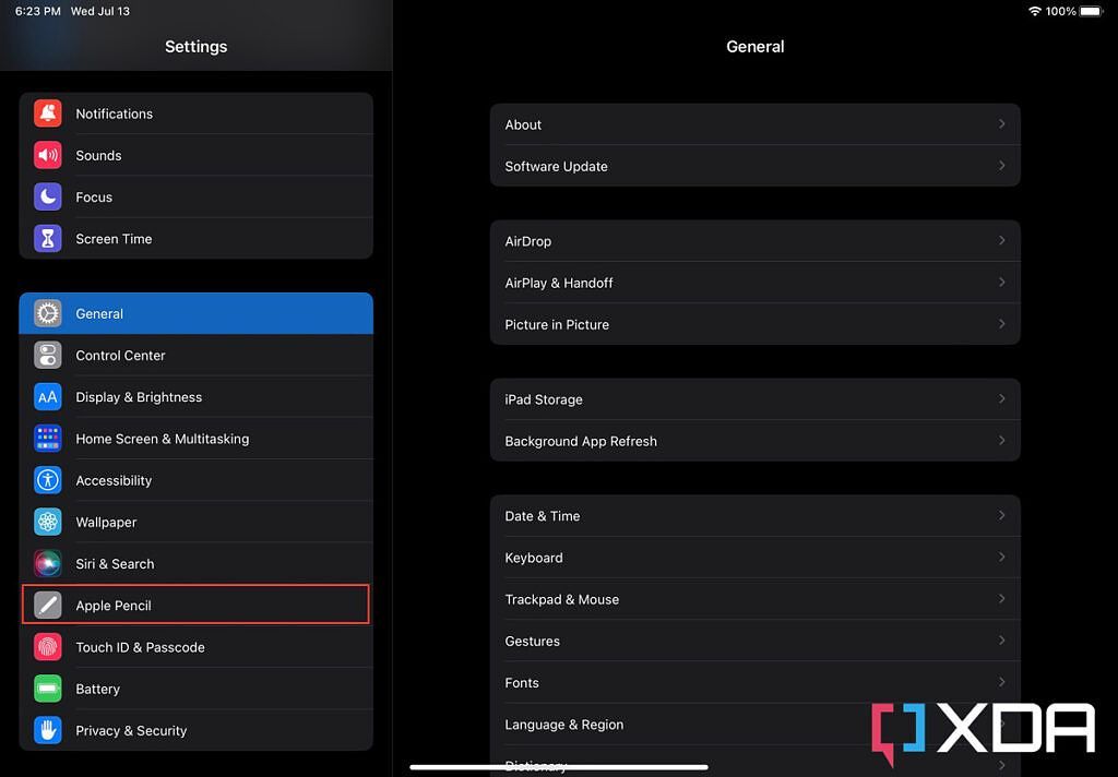 Apple Pencil section highlighted in the Settings app on iPadOS