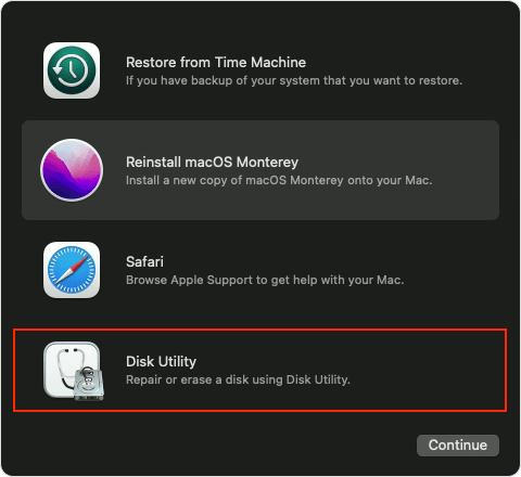 Disk utility option in the recovery menu