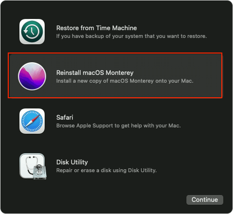 reinstall macOS option in the recovery menu