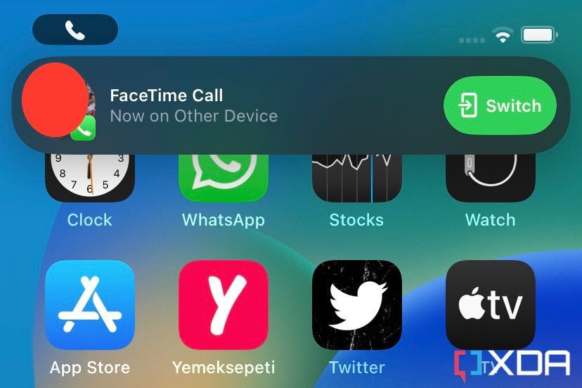 FaceTime Call notification stating Now on Other Device with a Switch button on its right