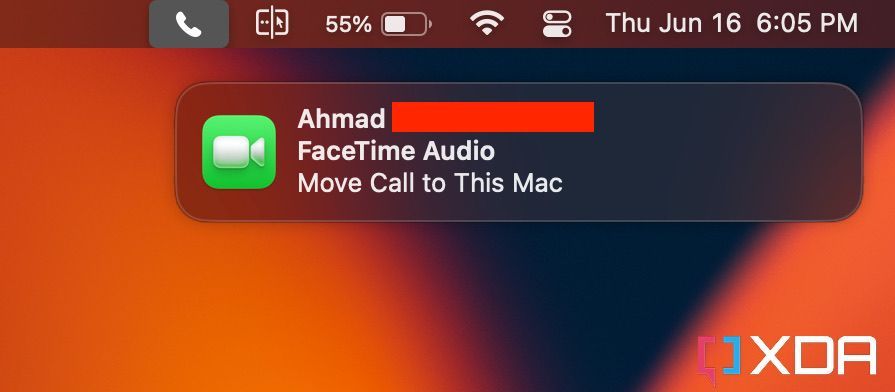 FaceTime Audio notification stating Move Call to This Mac