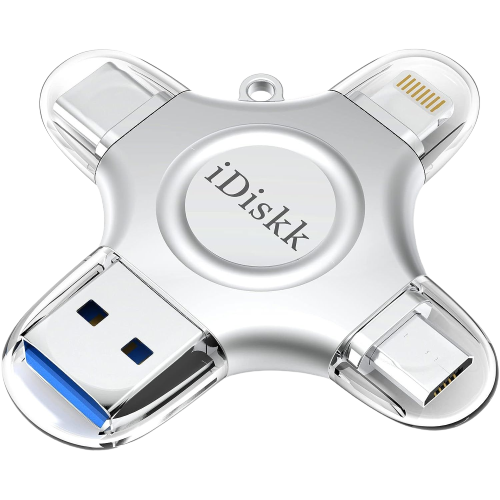 iDiskk 128 GB Photo stick showing the Lightning port, USB Type C port, microUSB port and the USB 3.0 port.