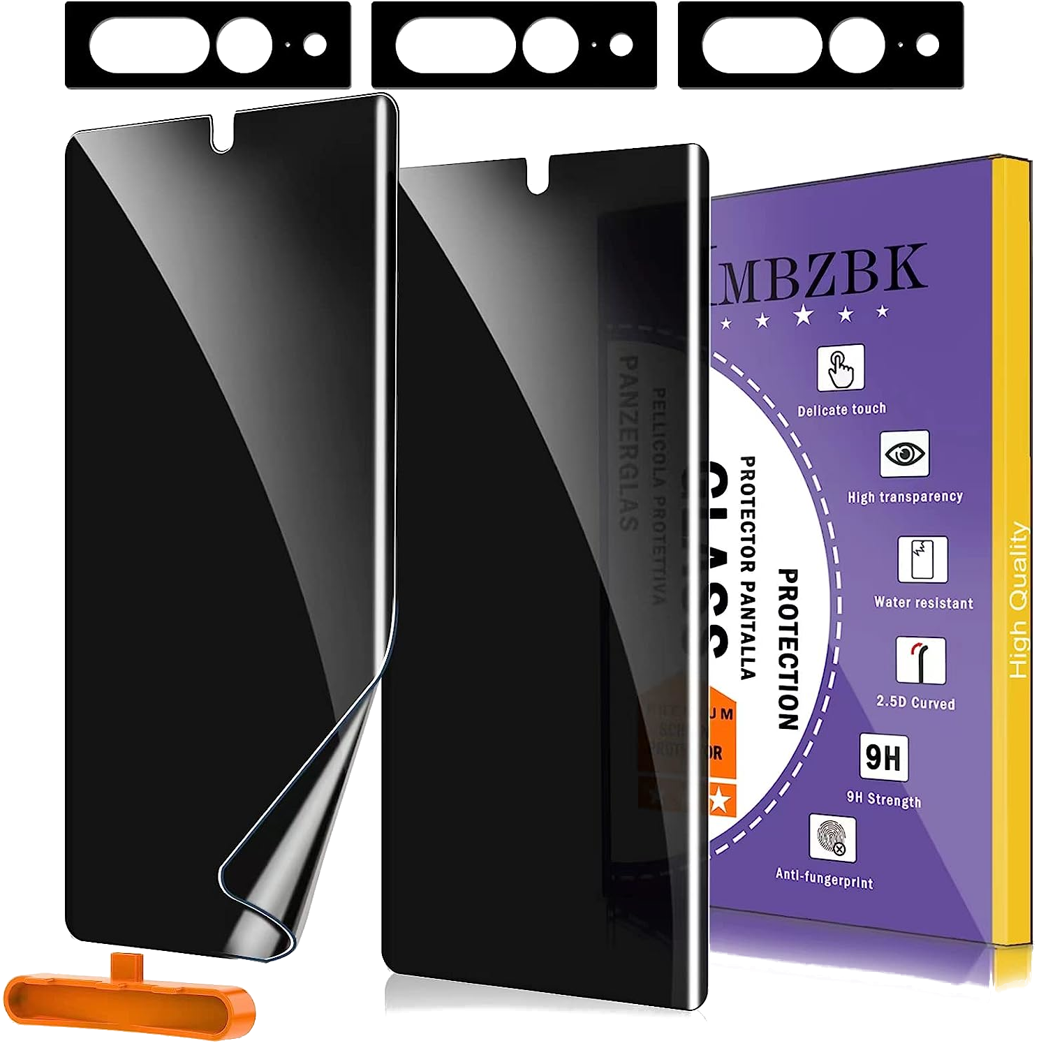 An IMBZBK Privacy Screen Protector for the Pixel 7 Pro being applied to the screen of a phoone in fron of the purple box of the product with three camera protectors across the top edge and the applicaiton tool in the bottom right-hand corner.