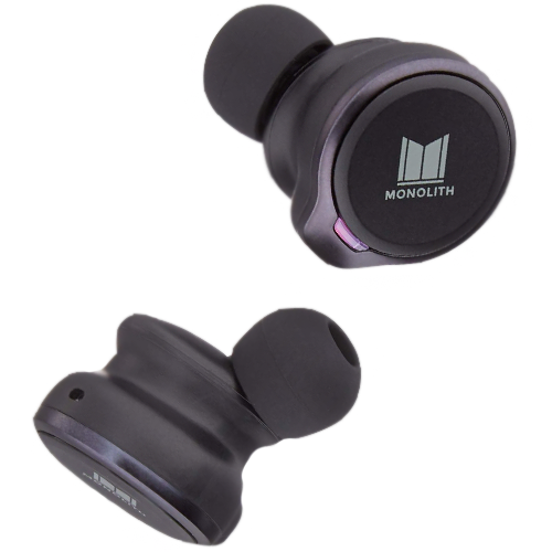 Monolith M-TWE earbuds shown at two different angles, top is showing the outside shell with the bottom showing a side-on profile.