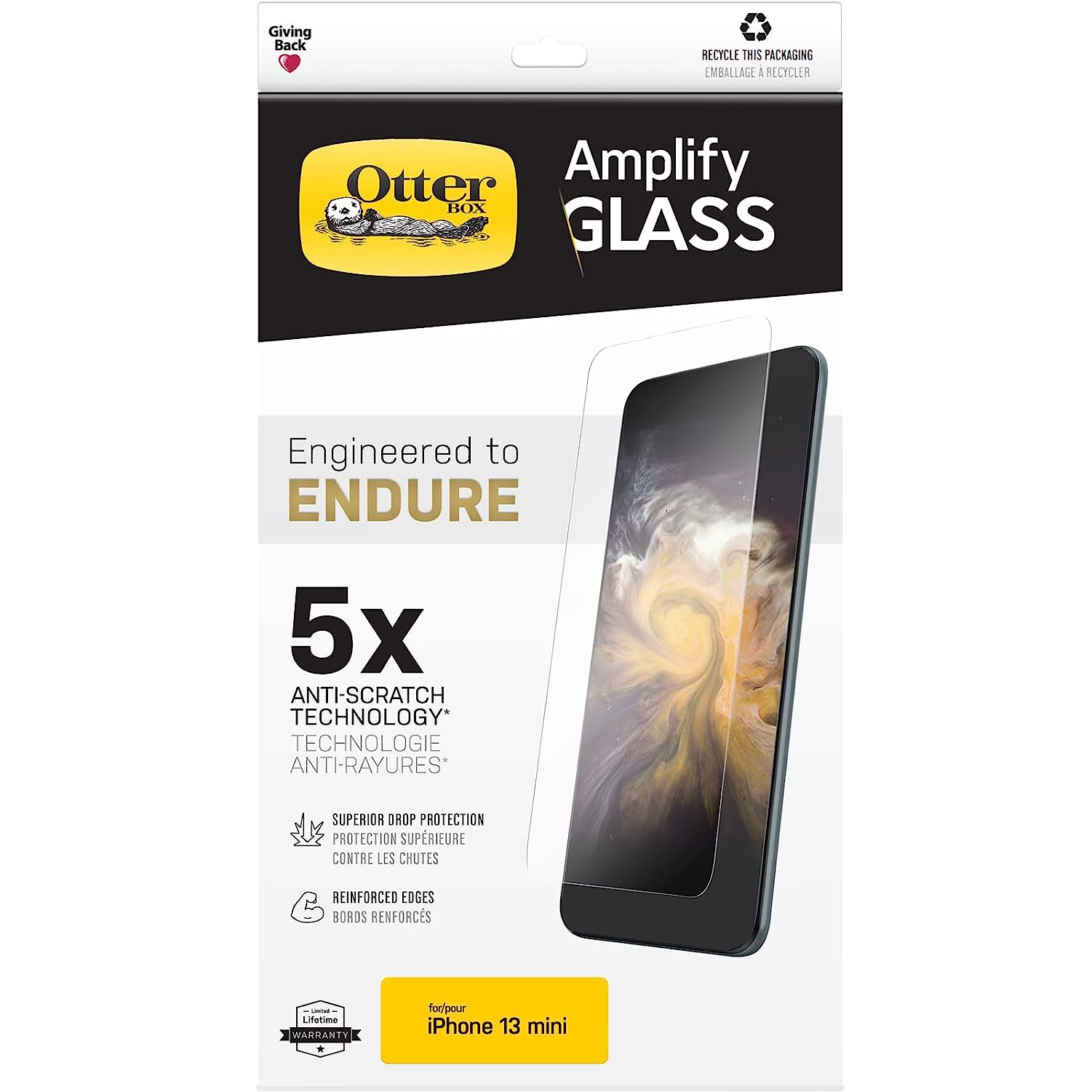 The box of the OtterBox AMPLIFY GLASS SERIES Screen Protector showing the glass protctor being applied to a phone next to text describing its features.