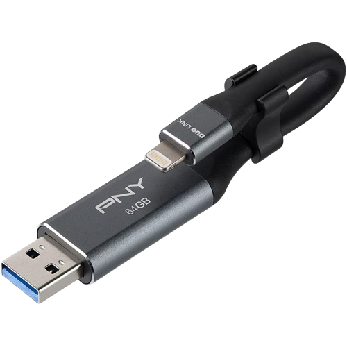 Unidad flash PNY Duo Link con el puerto Lightning doblado sobre el puerto USB 3.0