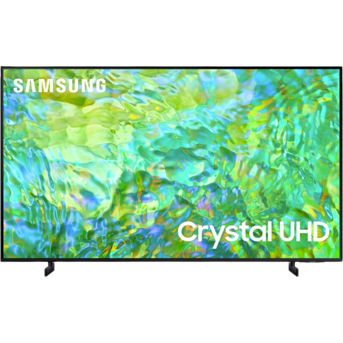 Ein Rendering, das den Samsung CU8000 Crystal UHD-Fernseher mit einem grünen abstrakten Hintergrundbild zeigt.