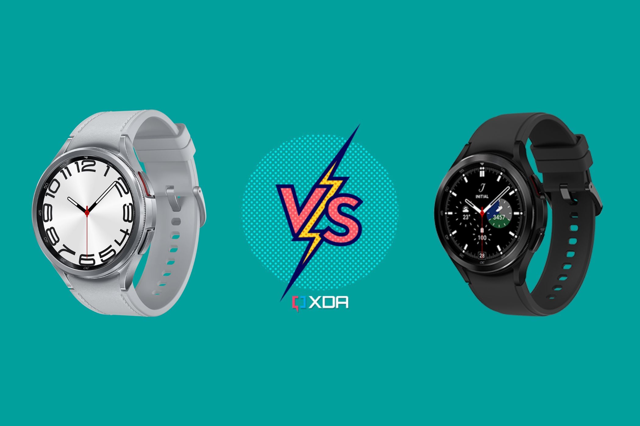 A render showing Samsung Galaxy Watch 6 Classic next to a Galaxy Watch 4 Classic over a green-colored background with a versus illustration in the middle.
